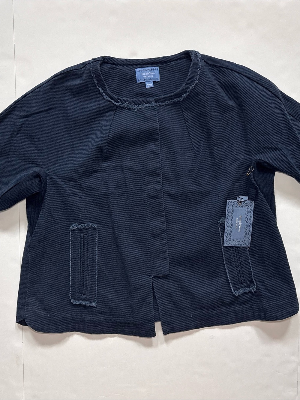 Simply Vera Vera Wang NWT Boxy Jacket Womens Large Blue Raw Edge Gold Snap